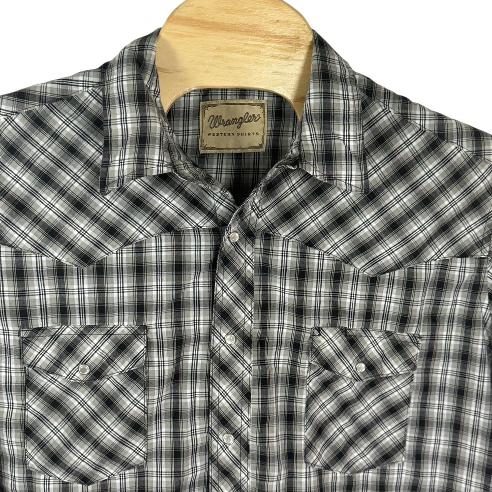 Wrangler Western Cowboy Men 2XL Shirt Black/White Plaid Pearl Snap Short Sleeve
